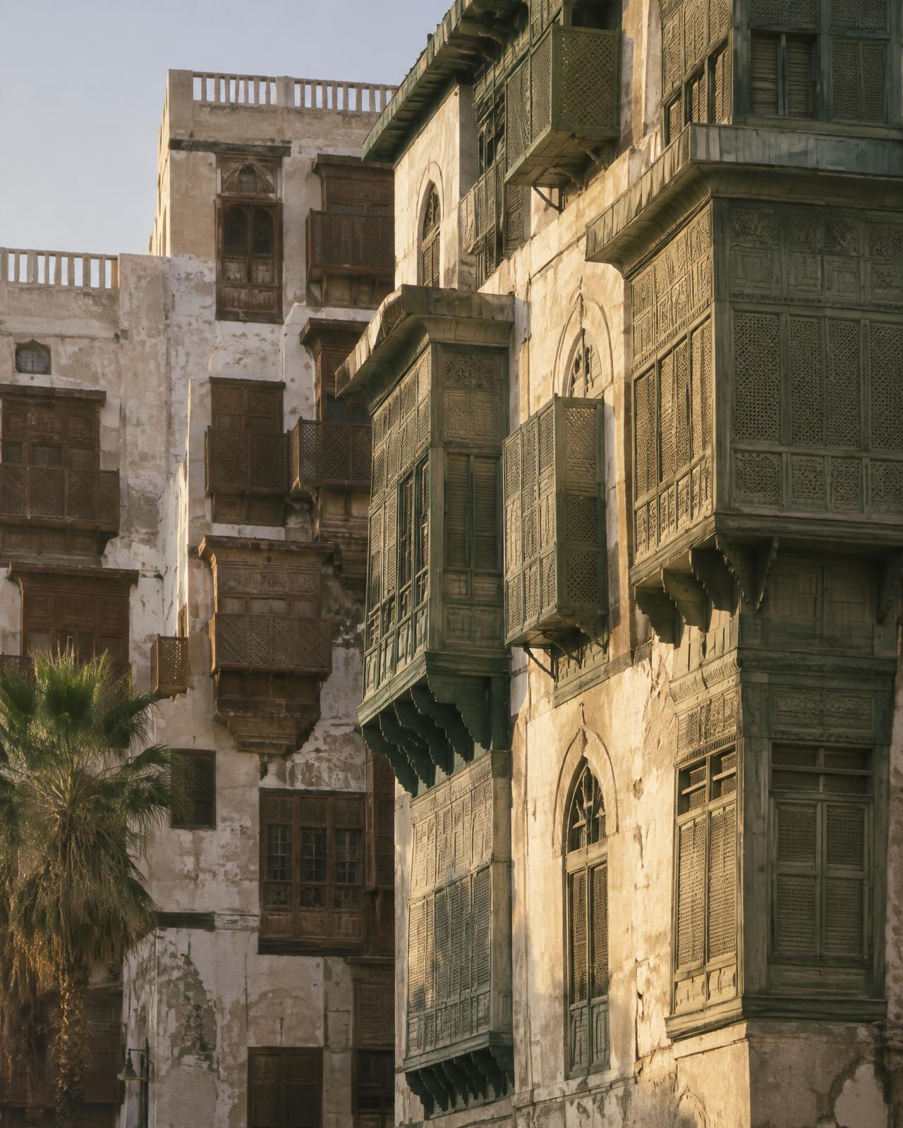Historic coral-stone houses with carved wooden balconies in old Jeddah